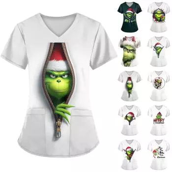 Женские модные топы с короткими рукавами и V-образным вырезом с принтом, рабочие футболки с карманами S