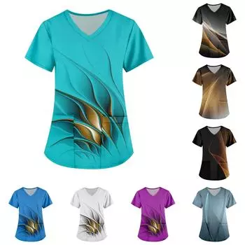 Женские модные топы с короткими рукавами и V-образным вырезом с принтом, рабочие футболки с карманами XXXL фиолетовый