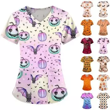 Женские модные топы с короткими рукавами и V-образным вырезом с принтом, рабочие футболки с карманами XXXXL фиолетовый