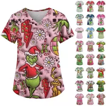 Женские модные топы с короткими рукавами и V-образным вырезом с принтом, рабочие футболки с карманами L темно-зеленого
