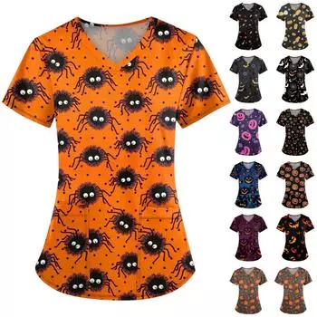 Женские модные топы с короткими рукавами и V-образным вырезом с принтом, рабочие футболки с карманами XXXL чёрный