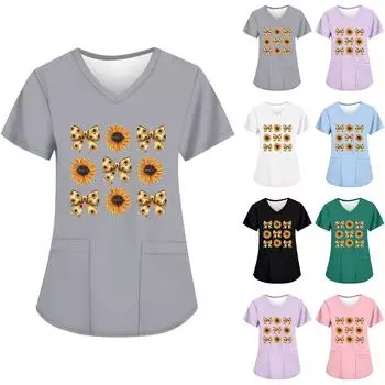 Женские модные топы с короткими рукавами и V-образным вырезом с принтом, рабочие футболки с карманами XL розовый