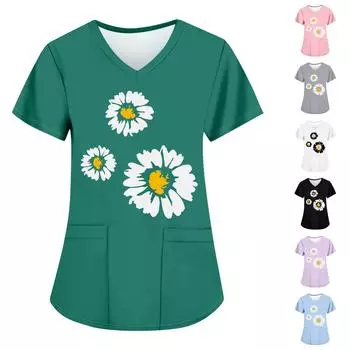 Женские модные топы с короткими рукавами и V-образным вырезом с принтом, рабочие футболки с карманами XL чёрный