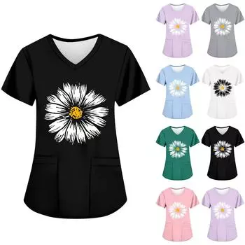 Женские модные топы с короткими рукавами и V-образным вырезом с принтом, рабочие футболки с карманами L чёрный