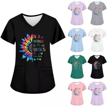 Женские модные топы с короткими рукавами и V-образным вырезом с принтом, рабочие футболки с карманами L синий