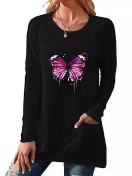 Женские модные топы с круглым вырезом и карманами, весенне-осенняя рубашка с длинными рукавами и принтом, женский свободный длинный топ S белый