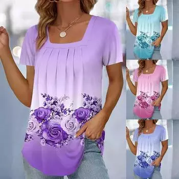 Женские модные топы с квадратным вырезом, удобные футболки, повседневная футболка с коротким рукавом с цветочным принтом, рубашки больших размеров S озеро синий