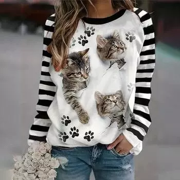 Женские модные топы с принтом 3D Cat, рубашки с длинными рукавами, толстовки, свитшоты, кавайные рубашки с длинными рукавами, зима-осень S