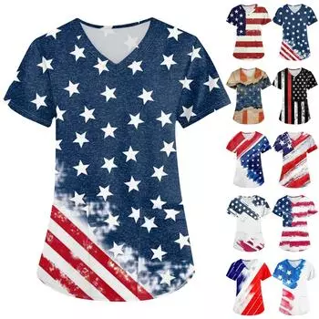Женские модные топы с принтом на День независимости и короткими рукавами и V-образным вырезом, рабочие футболки с карманами L синий