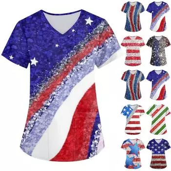 Женские модные топы с принтом на День независимости и короткими рукавами и V-образным вырезом, рабочие футболки с карманами L синий
