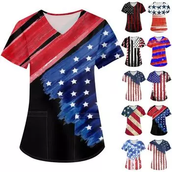 Женские модные топы с принтом на День независимости и короткими рукавами и V-образным вырезом, рабочие футболки с карманами L чёрный