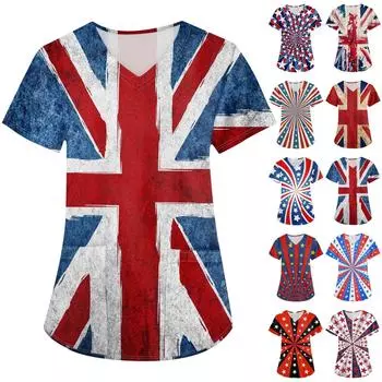 Женские модные топы с принтом на День независимости и короткими рукавами и V-образным вырезом, рабочие футболки с карманами L синий