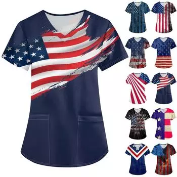 Женские модные топы с принтом на День независимости и короткими рукавами и V-образным вырезом, рабочие футболки с карманами L чёрный