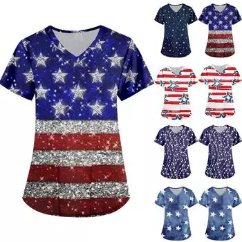 Женские модные топы с принтом на День независимости и короткими рукавами и V-образным вырезом, рабочие футболки с карманами L