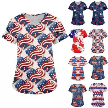 Женские модные топы с принтом на День независимости и короткими рукавами и V-образным вырезом, рабочие футболки с карманами L