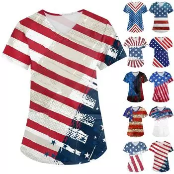 Женские модные топы с принтом на День независимости и короткими рукавами и V-образным вырезом, рабочие футболки с карманами L синий