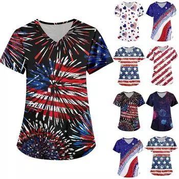 Женские модные топы с принтом на День независимости и короткими рукавами и V-образным вырезом, рабочие футболки с карманами L синий