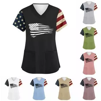 Женские модные топы с принтом на День независимости и короткими рукавами и V-образным вырезом, рабочие футболки с карманами L чёрный