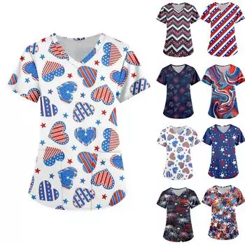 Женские модные топы с принтом на День независимости и короткими рукавами и V-образным вырезом, рабочие футболки с карманами L синий