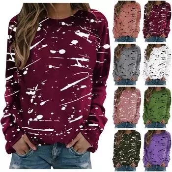 Женские модные топы с принтом, повседневные топы с круглым вырезом и длинными рукавами L винный