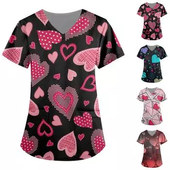 Женские модные топы с v-образным вырезом и короткими рукавами с принтом, униформа для медсестер L чёрный