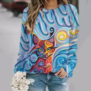 Женские модные топы с животным принтом, свитер большого размера, осенние новые пуловеры с круглым вырезом без шапочки, свитера с воротником, женские толстовки 3XL