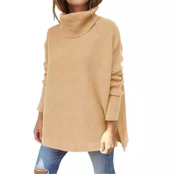 Женские модные топы средней длины с длинным рукавом и боковыми разрезами, вязаный свитер XL