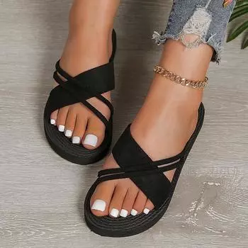 Женские модные трендовые противоскользящие износостойкие плоские тапочки с черным поясом 36