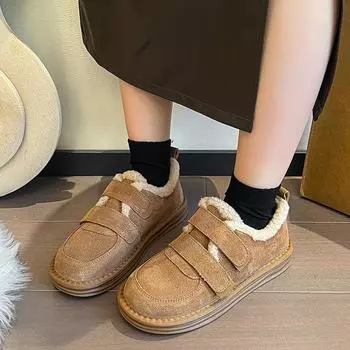 Женские модные туфли цвета хаки на плоской подошве, круглые, на липучках, симпатичные, универсальные, зимние, женские, повседневные, для улицы, мохнатые туфли 36