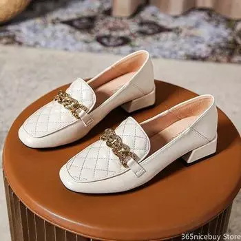 Женские модные туфли-лодочки для девочек, туфли на высоком каблуке с металлической цепочкой и квадратным каблуком, кожаные повседневные топсайдеры в клетку, большие размеры 33-43 33 бежевый