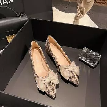 Женские модные туфли-лодочки на высоком каблуке 3 см с узором «гусиные лапки», женские элегантные туфли с жемчугом и бантом, женская повседневная обувь для светских вечеринок на открытом воздухе 33 бежевый