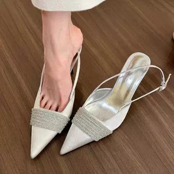 Женские модные туфли-лодочки с острым носком, узкие туфли-лодочки со стразами и тонким каблуком-шпилькой, туфли-лодочки без застежек, туфли-лодочки на неглубоком каблуке, свадебные туфли на высоком каблуке 35 бежевый