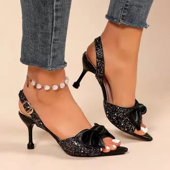 Женские модные туфли-лодочки с пряжкой на высоком каблуке с острым носком на шпильках, женские летние босоножки 2024 года, роскошные женские босоножки с открытой пяткой 35 чёрный