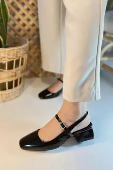 Женские модные туфли на каблуках, черные туфли из лакированной кожи с открытой спиной, шлем с квадратным носком, короткие туфли на блочном каблуке