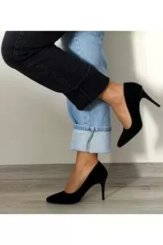 Женские модные туфли на каблуках, черные замшевые туфли на шпильке на среднем каблуке