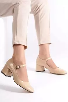 Женские модные туфли на каблуке Бежевого цвета из лакированной кожи, закрытый круглый носок, каблук 5 см, высокий толстый каблук