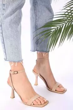 Женские модные туфли на каблуке Бежевые туфли на каблуке с одним ремешком