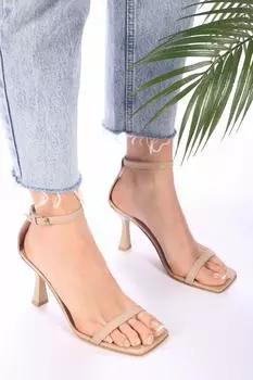 Женские модные туфли на каблуке Бежевые туфли на каблуке с одним ремешком