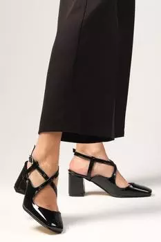 Женские модные туфли на каблуке черного цвета с открытой спиной и тупым носком