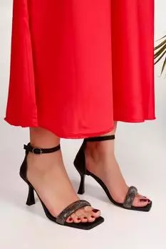 Женские модные туфли на каблуке, черные атласные туфли на каблуке с одним ремешком и камнем