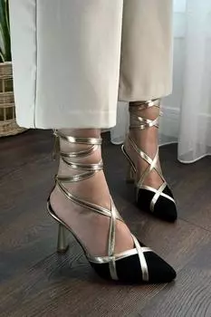 Женские модные туфли на каблуке, черные замшевые туфли на каблуке с золотым ремешком на щиколотке и острым носком