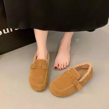 Женские модные туфли на плоской подошве, зимние, новые, с круглым носком, с глубоким вырезом, с металлической пряжкой на ремне, с мягкой подошвой, нескользящие, с низким верхом из хлопка 35 жёлтый