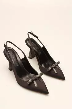 Женские модные туфли на шпильке, черные атласные туфли на каблуке с камнями