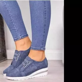 Женские модные туфли на скошенном каблуке, новые осенние туфли с круглым носком, глубоким вырезом, замшевой вставкой, толстой подошвой, удобные низкие туфли 35 синий