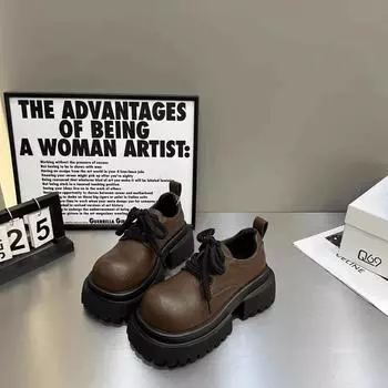 Женские модные туфли на толстой подошве, с круглым носком, с глубокой шнуровкой, удобные, в британском стиле. 35 чёрный