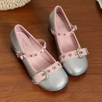 Женские модные туфли на толстом каблуке, осенние, новые, квадратные, светло-розовые, с металлической пряжкой на каблуке 35 чёрный