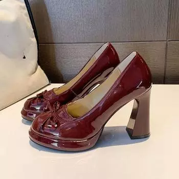 Женские модные туфли на толстом каблуке, осенние, новые, с квадратной головкой, с неглубоким носком, с бабочкой на платформе, с завязками на каблуках 35 чёрный