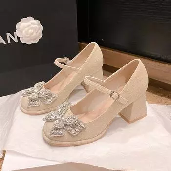 Женские модные туфли на толстом каблуке, осенние, новые, с круглым носком, неглубоким горлом, ромбовидной бабочкой, узлом, ремнем и каблуком 34 шампанского