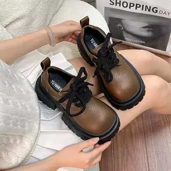 Женские модные туфли на толстом каблуке, осенние, новые, с круглым носком, глубоким вырезом спереди, на шнуровке, на толстой подошве, удобные мокасины 35 чёрный