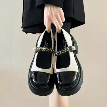 Женские модные туфли на толстом каблуке, осенние новые туфли Мэри Джейн с круглой головкой и металлической цепочкой на толстой подошве 35 бежевый